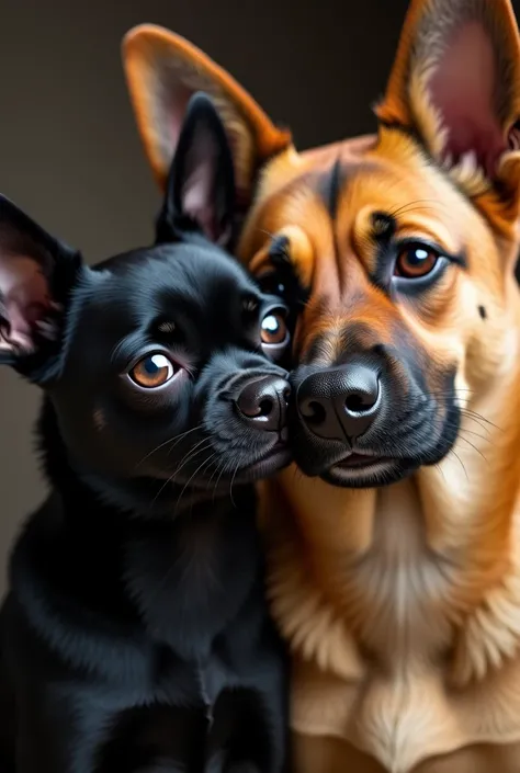 A black chihuahua and a Belgian malinois. Their faces close in the pic happy 