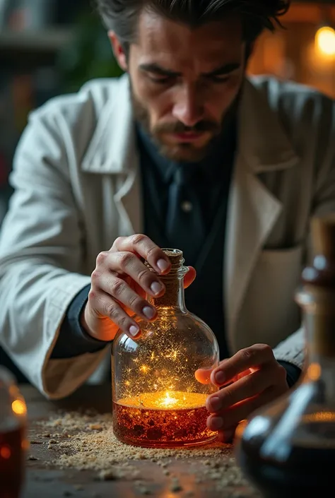 
 They set up a glass bottle and carefully measure and mix the ingredients.  