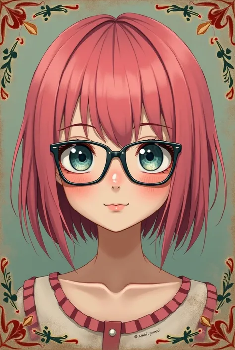 A anime girl with pink hair and too small bangs with rectangular eye glasses,russian artstyle