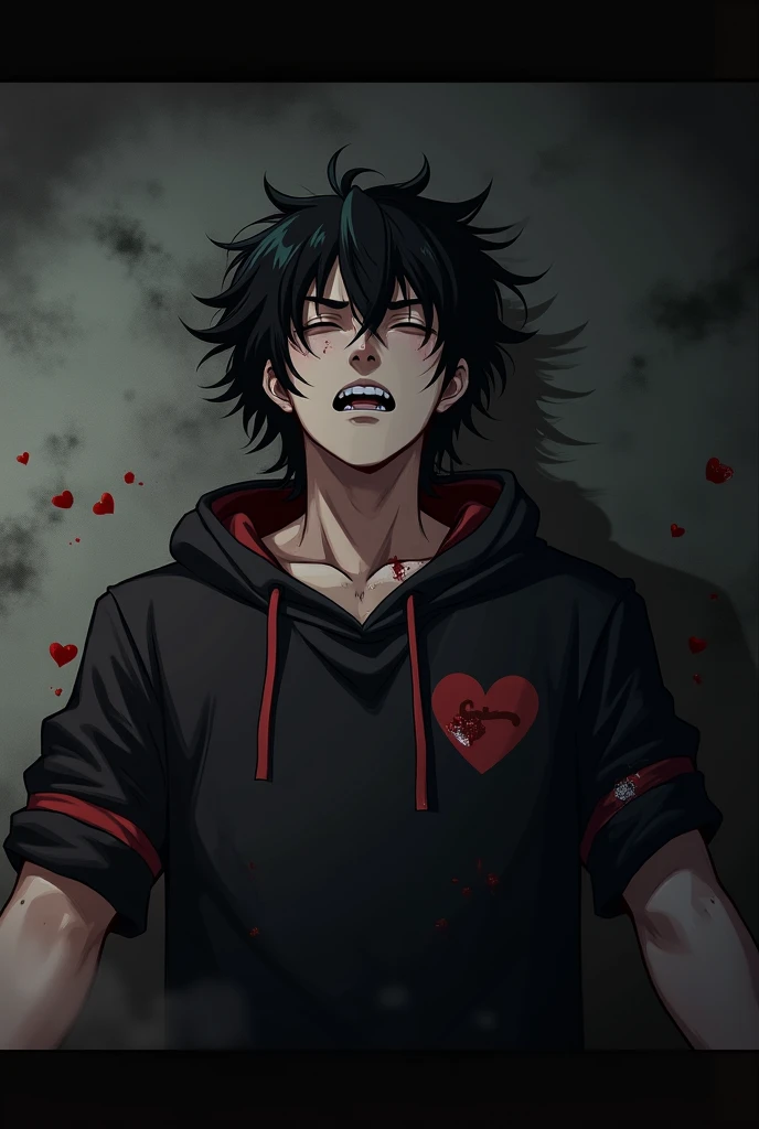 AN unconscious male character injured dying black hair thrown to one side black hoodie with red details and smoke