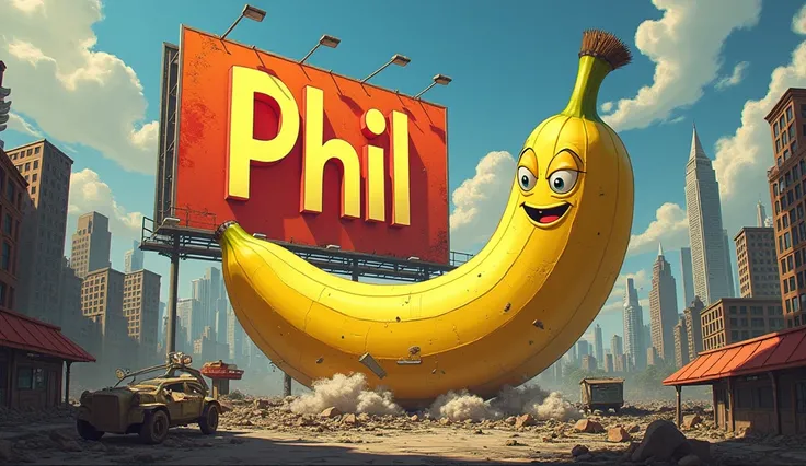 Make a banana destroying the world big billboard saying "Phil" bright colors and very eye-catching 