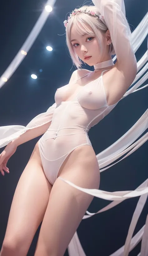  blue eyes、 short hair、Big Breasts、 bigger eyes、smile、Goddess、white hair、9 heads、 braids、Straight Hair、pink sheer transparent bodysuit、 height 170 cm 、 waist 57cm、Hips 88cm、Beautiful waistline、Pretty girl、Around 20 years old、The fabric is ultra-thin 、 pose...