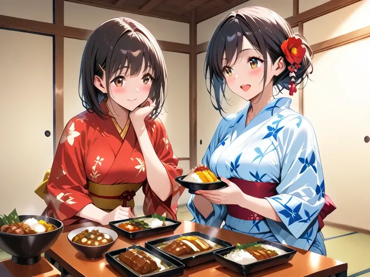 (  top quality)( Artistic )(  beautiful face)  ryokan, dinner, (course meal)2girls, Yukata, Kanpai, 