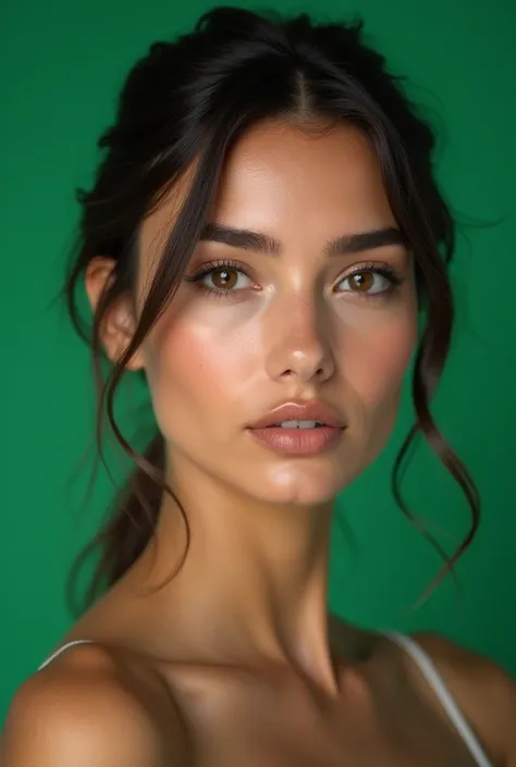  Realistic photo. Create the realistic face of a fair-skinned Latin woman,  black-eyed,  with fair skin and hair tied behind . The woman is in front and looking at the viewer the background of the image is green cromakey the woman is in front 