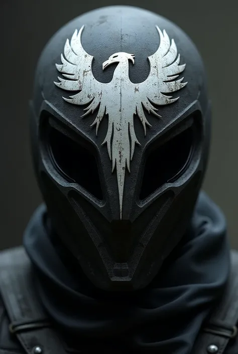 Black motorcycle mask with a white phoenix in the middle, in dem stil von call of duty Ghost 