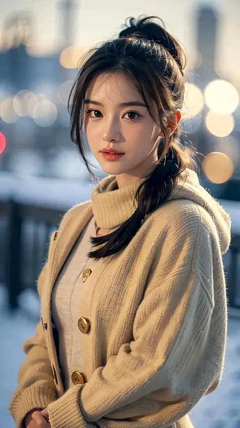 wearing a deep navy blue winter coat with a fur-lined hood and cuffs. The coat is elegantly tailored, double-breasted with gold buttons, and has a slightly flared silhouette, giving it a stylish yet cozy look. She wears a soft ivory-white knitted scarf wra...