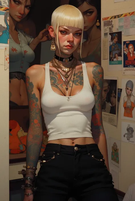 A gorgeous sexy punk woman in sexy attire. She wears black fatigues pants and a white sexy tank top. ((Blonde square fringe Hair)), ((piercings)), ((Earrings)), ((lot of jewelry)), ((lot of tattoos)), big sagging breast, deep cleveage 