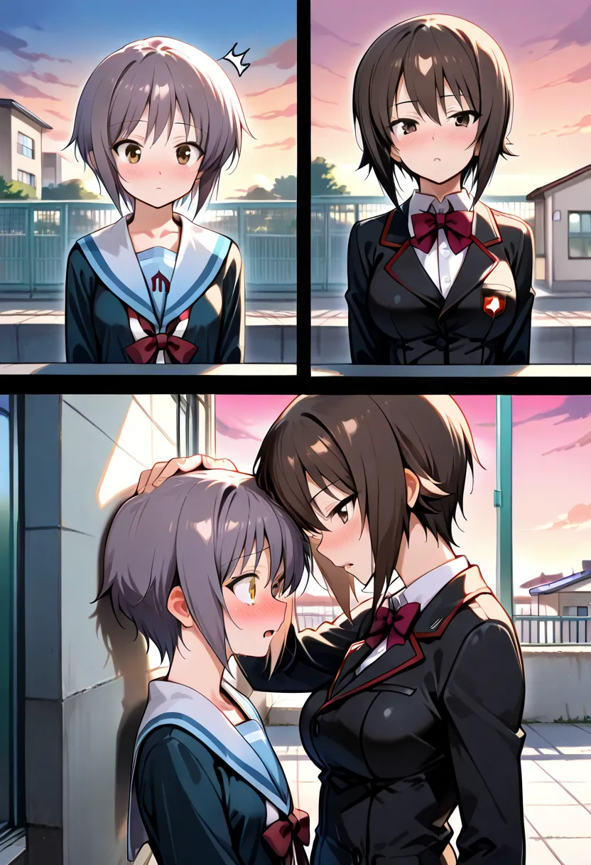 (masterpiece, best quality:1.2),two beautiful girls,school rooftop,evening,(Nagato Yuki,Confession of love for her,bow to,A shy expression,school uniform),(Nishizumi Maho,stroke a her head,surprised expression,school uniform)