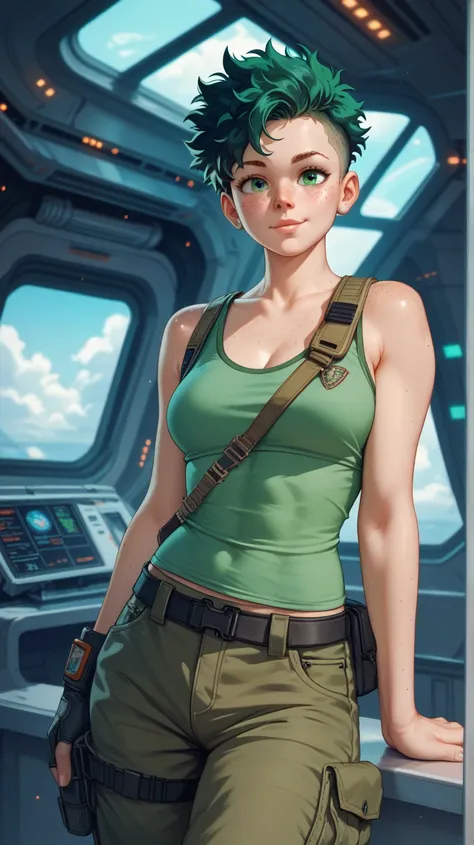 Izuku Midoriya, green undercut curly hair, green eyes, freckles, sci-fi black and green tank top, sci-fi black cargo pants, spaceship pilot