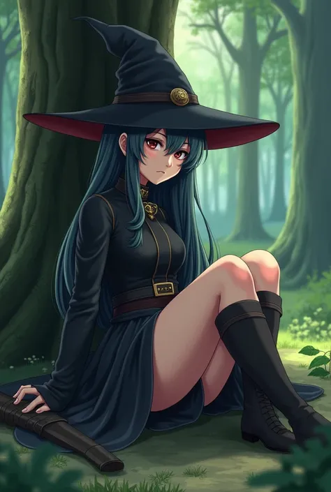 Witch anime girl in adventurer's costume, body slightly muscular and with apparent maturity in age, mysterious but sad look, Sitting with her legs stretched out on the ground next to a tree in a forest during the day