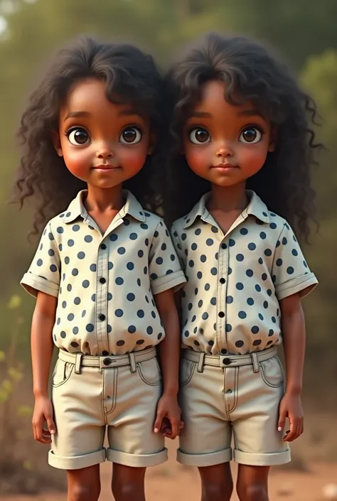 An image of two brown twins with an appearance that resembles an indigenous, Approximate age s, Dressed the same, white shorts and collared shirt with navy blue spots.