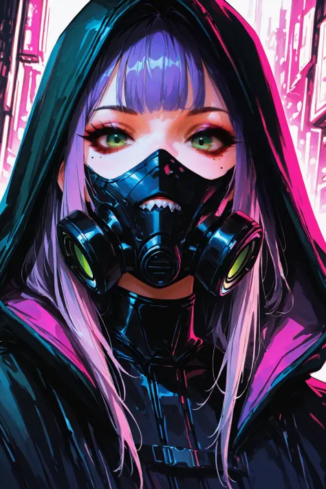 masterpiece, best quality, amazing quality, very aesthetic, girl, solo, mask, purple_hair, teeth, looking_at_viewer, hood, mouth_mask, multicolored_eyes, long_hair, cyberpunk, bangs, makeup, portrait, eyelashes, sharp_teeth, hood_up, green_eyes, respirator...