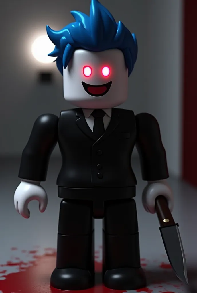 Create a video where Roblox guest (have white skin,all clothes is black, hair is blue and he is smiling) but when he going his eyes turn red and The face disappears, only the eyes, he breaks the knife and kills the player (this is a screamer and the scene ...