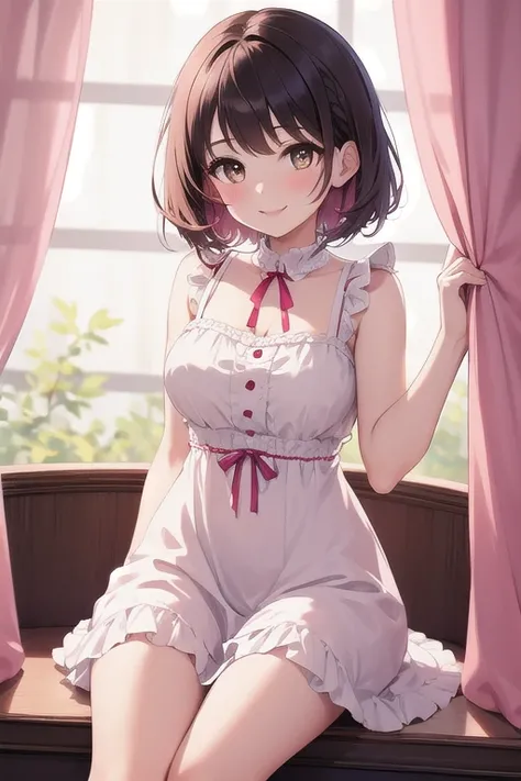 Top quality, high resolution, detailed, beautiful image quality, one girl, cute dress with frills, pale pink dress, short hair, big red ribbon in hair, big brown eyes, sparkling eyes, smile, lolicon feel, younger sister, pink as main color design, overall ...