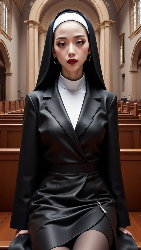  of a 25-year-old woman  ,   sitting on a front seat ,  at church ,   wearing the top of the nun's uniform, two hands behind the body  ,   thick dark red lips  ,  Very high quality image . Song Hye-kyo