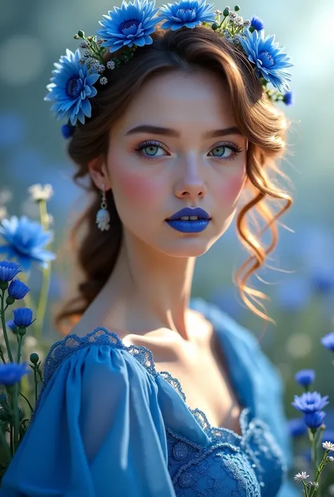 A Beautiful Real  Caucasian Looking Woman ,Blue dress and blue lipstick and eyeshadow, stunning flowers, and Beautiful Sun Ray 
Digital Quality Clear camera Picture, Hyper Detailed, Realistic looking photo, 3D 