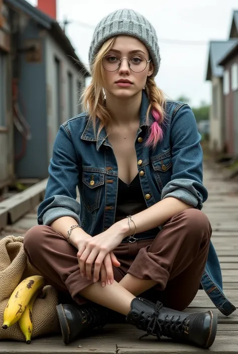  German dirty hipster girl , 19 years old,  in dirty denim jacket ,  worn black combat boots ,  fuzzy light gray beanie , circular glasses ,  wide brown pants .
 She has a blonde hair with pink and blue pigtails  ,  edged cheekbones and a dry figure .
 Has...