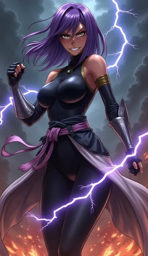 A female warrior with anime style and inspired by Yoruichi from Bleach, in her iconic battle-ready stance. She has long purple hair styled in her signature bob cut, with sharp golden eyes that convey intensity and focus. Her skin is a sun-kissed, dark tone...