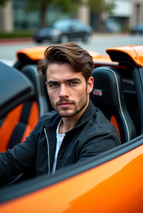 She has faded hair, brunette hair, and wears cool street style clothes. He looks sympathetic. Handsome American man driving an orange and black Bugatti (cool masculine)