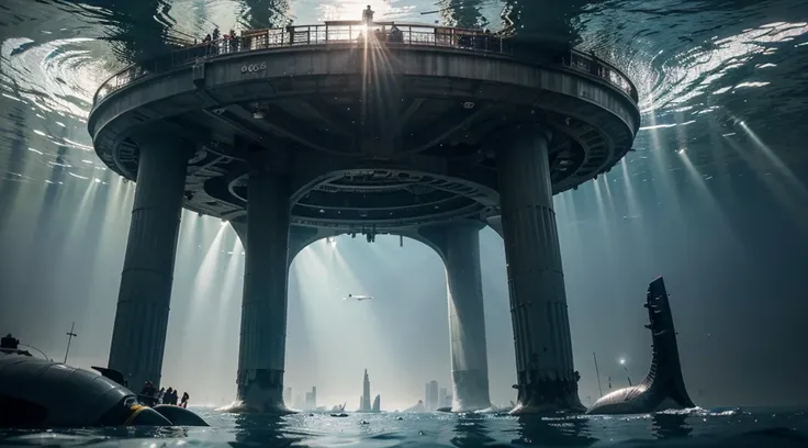 In the depths of the ocean, a sprawling underwater metropolis emerges with towering skyscrapers, futuristic architecture, and bustling activity. Sleek, innovative submarines glide between the structures, showcasing the diversity of life beneath the waves. ...