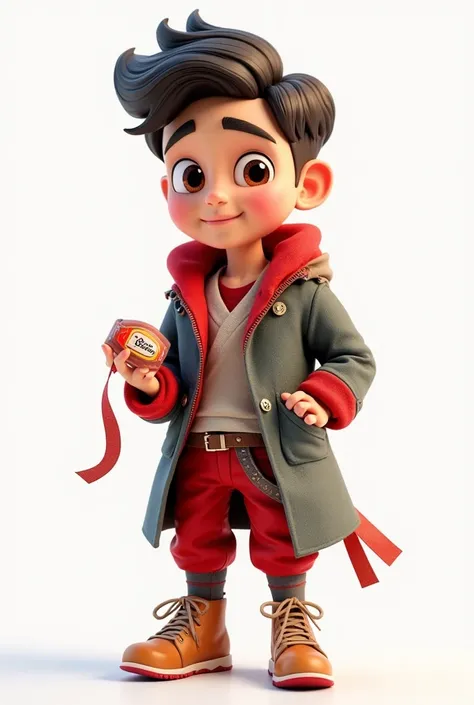 Create an ultra clear 3D cartoon male character who is into to fashion or holding a sewing tape wearing red or has red in their dressing in a white background 