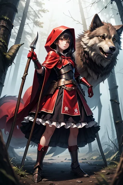  highest quality,   ultra high resolution、(( girl)),Has a big axe、 semi-long black hair, brown eyes, Little Red Riding Hood, red and white costume that looks like armor、Desolate Forest ,Fighting against a pack of wolves