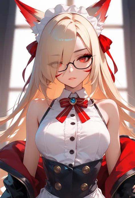 housemaid,  dark leather,  hair covers the eye, rpg, bare shoulders ,  1 girl,  long golden hair , 4K,  Red eyes  , fox ears,  duration, hair template ,   red stripes on face,  compose,   black mascara  , cutout,  unbuttoned buttons , sleeveless, brassiere...