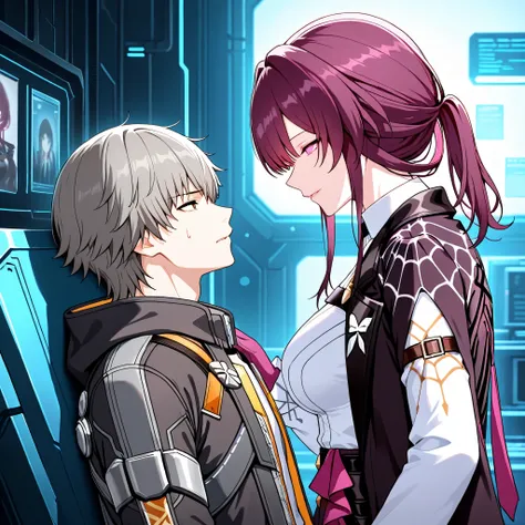 Love couple, Caelus and Kafka Honkai Star Rail, looking at each other, depressed, sci-fi room in background, masterpiece, best quality, High resolution 