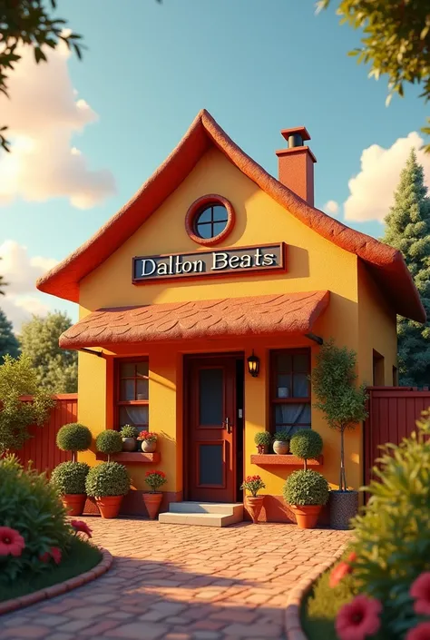 Charming small business house, cozy design, warm colors, inviting entrance, garden out front, billboard reading 'DALTON BEATS STUDIO LESOTHO', clear sky, afternoon light.