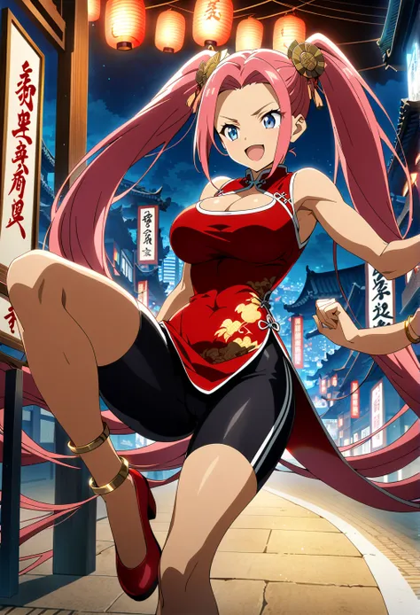 an anime girl in chinese clothes with crimson pink hair sitting,Strong-willed,excitement,martial artist,forehead, toned female, 1girl ,lantern, paper lantern,Winning spirit,solo,hand fan,blue eyes,absurdly long hair,jewelry,twintails,china dress,red clothe...