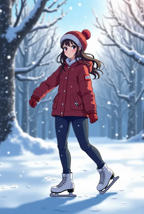 A woman playing ice skating in the snow, wear thick clothes and pants and a head covering that goes well with winter, tree full of snow as background, winter atmosphere, gay anime, best quality, landscape, lighting that matches the snow atmosphere, gay ani...