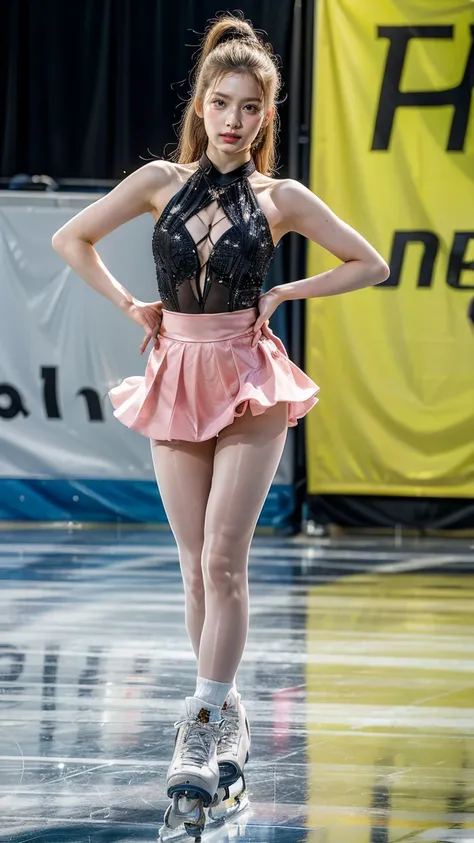 (8k, best quality:1.3), (extremely detailed:1.2), perfect anatomy, beautiful Japanese woman, 18 years old, healthy thighs, beautiful legs, beautiful skin, random hair color, random hairstyle, large breasts, (she is standing:1.2), female figure skater, figu...