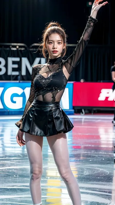 (8k, best quality:1.3), (extremely detailed:1.2), perfect anatomy, beautiful Japanese woman, 18 years old, healthy thighs, beautiful legs, beautiful skin, random hair color, random hairstyle, large breasts, (she is standing:1.2), female figure skater, figu...