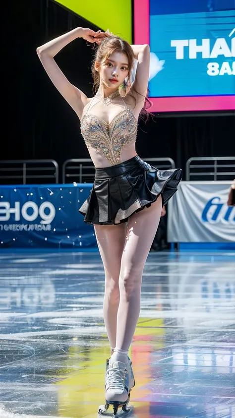 (8k, best quality:1.3), (extremely detailed:1.2), perfect anatomy, beautiful Japanese woman, 18 years old, healthy thighs, beautiful legs, beautiful skin, random hair color, random hairstyle, large breasts, (she is standing:1.2), female figure skater, figu...