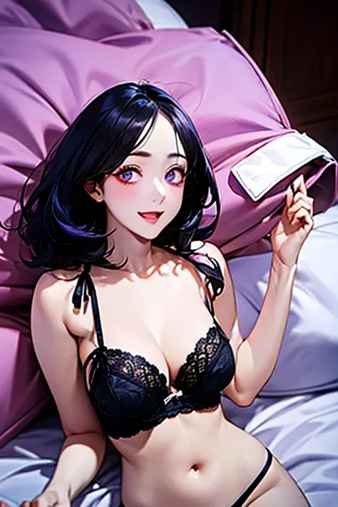 sinb, (((purple lingerie))), Very detailed、highest quality、Best image quality、masterpiece、8k、Anime Face、A kind smile、Open Mouth、(black middle hair:1.5)、big breast, sexy、 beautiful body 、Cowboy Shot, Sexual Intercourse, ((purple eyes)), bedroom