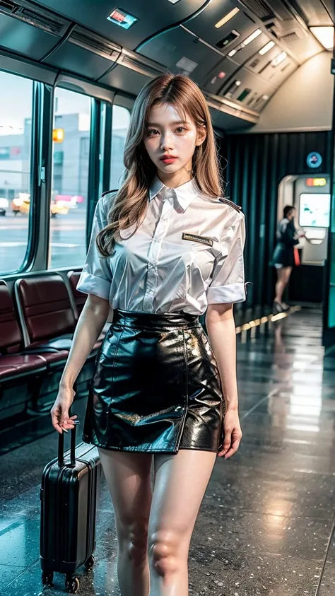 A beautiful, 24-year-old Japanese woman with perfect anatomy, healthy thighs, beautiful legs, beautiful skin, random hair color and style, large breasts, (wearing a flight attendant uniform with a mini-skirt:1.3), (she is standing:1.2), full body shot, pum...