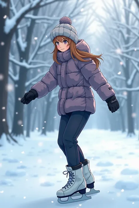 A woman playing ice skating in the snow,  wearing thick clothes and pants and a head covering that matches winter, tree full of snow as background,  background clearly visible, detail and aesthetics, winter atmosphere, gay anime, best quality, landscape, l...