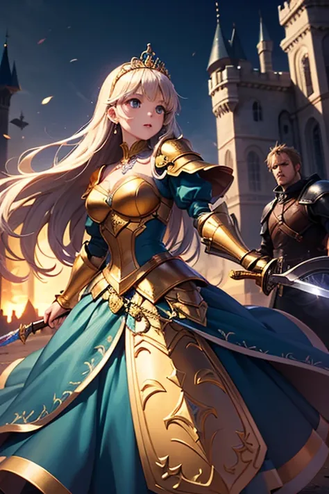  highest quality,   ultra high resolution、 anime style、(( girl)),Holding a large sword、 Long Golden Hair、 blue eyes、 tiara 、Cinderella、blue and white dress that looks like armor、Inside the Desolate Castle、Fighting against undead soldiers