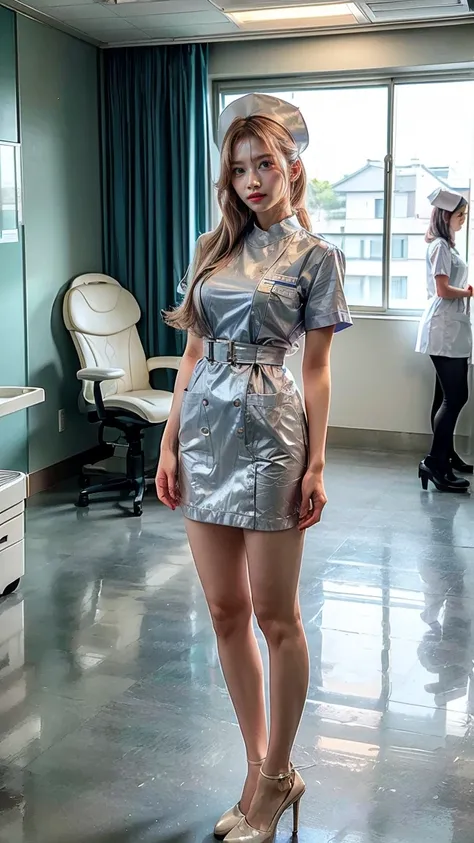 a beautiful young 24-year-old Japanese woman, beautiful, detailed anatomy, beautiful skin, random hair color and hairstyle, big breasts, nurse hat, (nurse uniform:1.3), nurse cap, (she is standing:1.2), full body shot, high heels, hospital, (best quality,8...