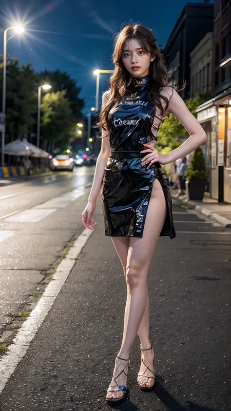 A beautiful Japanese woman, 20 years old, perfect anatomy, healthy thighs, beautiful legs, beautiful skin, random hair color, random hairstyle, large breasts, race queen, (race queen costume:1.3), zent, (she is standing:1.2), full body shot, high heels, ra...