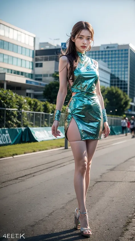 A beautiful Japanese woman, 20 years old, perfect anatomy, healthy thighs, beautiful legs, beautiful skin, random hair color, random hairstyle, large breasts, race queen, (race queen costume:1.3), zent, (she is standing:1.2), full body shot, high heels, ra...