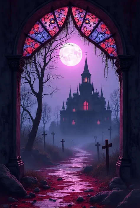  Make an elegant concept art book cover with the title in Portuguese:  Abandoned Tales . Showing stained glass margin of cobwebs and blood , showing horror elements in a dark purple atmosphere with a spooky mansion with a cemetery in the background