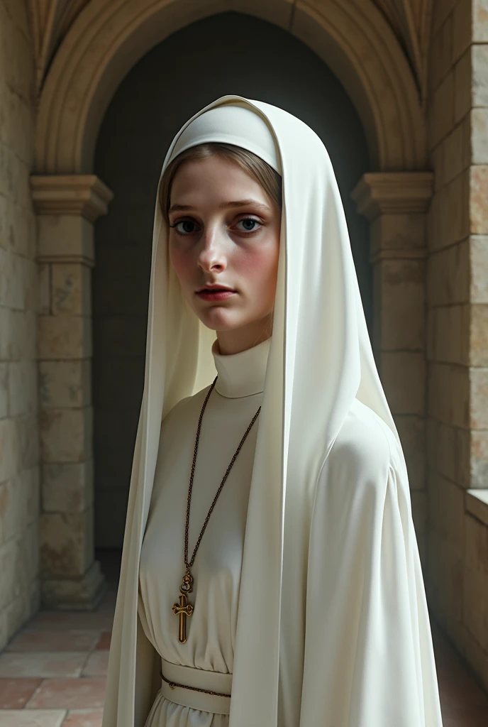 A young nun in a pure white habit

A long, flowing veil

A pale, delicate face with deep, contemplative eyes

A simple necklace with a religious pendant

An ancient stone monastery setting with an arched window

Soft lighting that mimics a Renaissance pain...