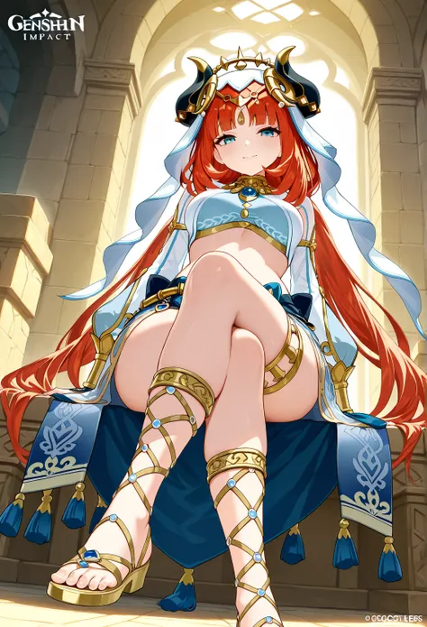 high resolution picture, masterpiece, best quality, amazing quality, official art, solo, 1girl,  nilou from Genshin Impact, 1girl,  nilou, red hair, twintails, blue eyes, long hair,
blue skirt, bracer, circlet, crop top, dancer, detached sleeves, fake horn...