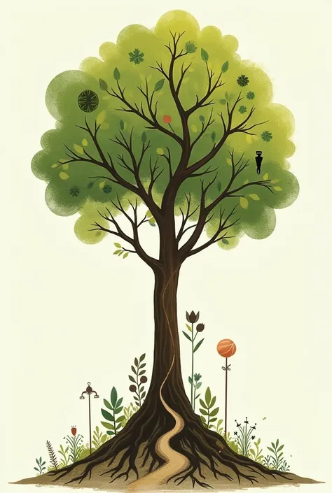 In this self-reflection illustration, we will use symbolic imagery and visual metaphors to represent different aspects of personal identity. The central element of the design will be a strong, upward-reaching tree symbolizing family, with deep roots extend...