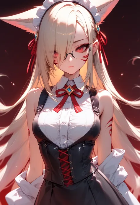 housemaid,  dark leather,  hair covers the eye, rpg, bare shoulders ,  1 girl,  long golden hair , 4K,  Red eyes  , fox ears,  duration, hair template ,   red stripes on face,  compose,   black mascara  , cutout,  unbuttoned buttons , sleeveless, brassiere...