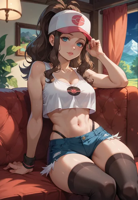 1girl, Hilda, Pokemon trainer, sitting on a couch, crop top, silk shorts, thigh highs, sexy pose, lustful, BREAK, night time, mountain cottage, cinematic lighting,