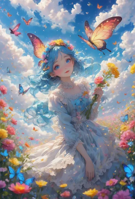 anime、kawaii"An surreal girl is sitting in a vast flower field. She is holding a colorful bouquet of flowers, and in the background there is a blue sky with white clouds. Butterflies are fluttering in the sky, and sparkling light particles are floating in ...