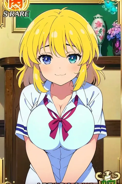 Ryona ,( Masterpiece),( top quality),2D, anime,  ( Anime art),  lineart  , watercolor,loli,(large breasts),smile,1 girl,(school uniform),(blonde hair),Alone,