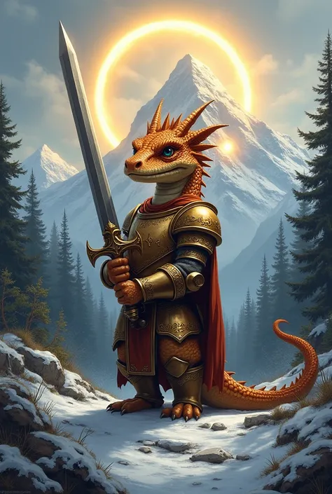 A small bronze dragonborn knight holding a sword with a holy halo above his head and a snowy mountain and forest background